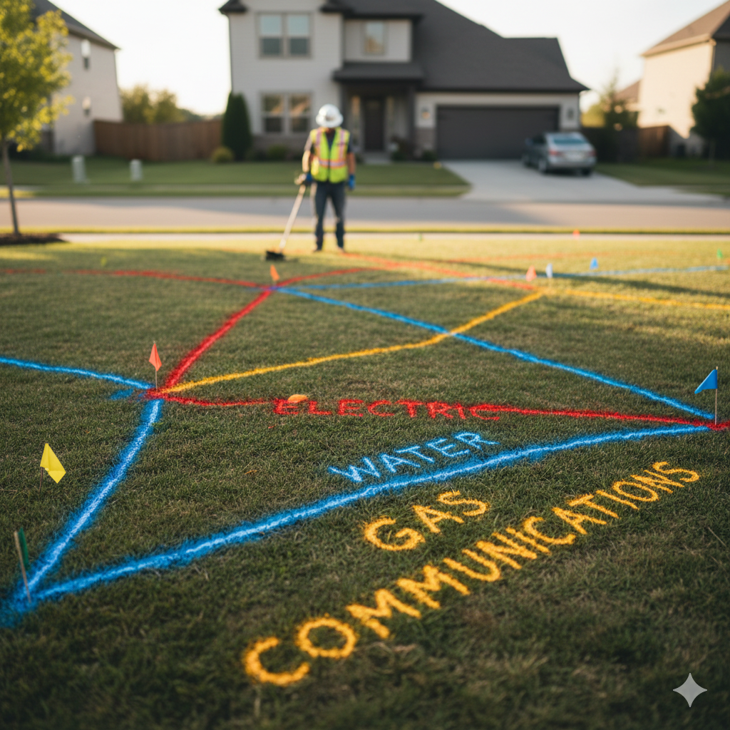 Marked underground utility lines with color-coded spray paint before digging trench for PVC pipe installation