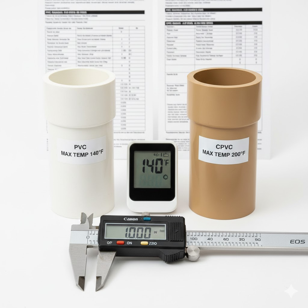 PVC and CPVC pipe comparison showing different temperature ratings and color coding for identification