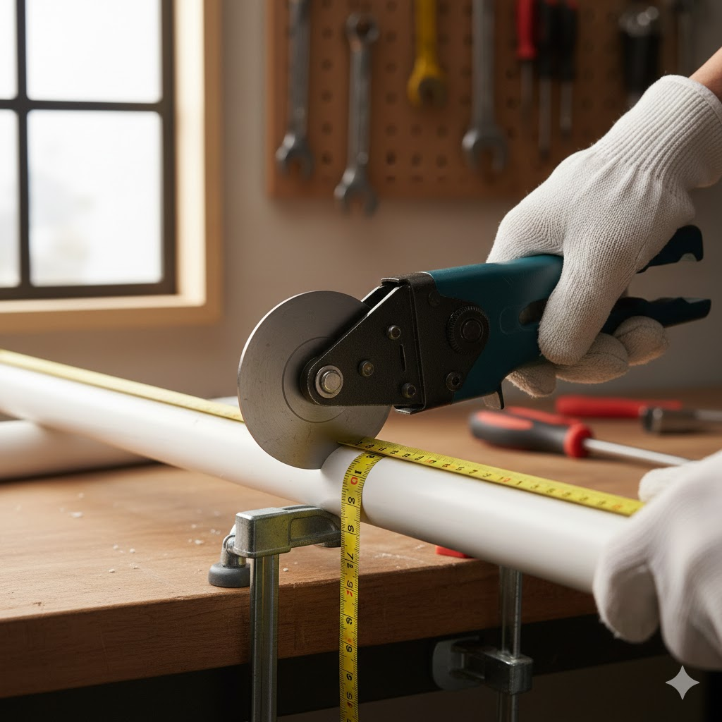 Cutting PVC pipe with professional pipe cutter showing proper technique for underground installation project
