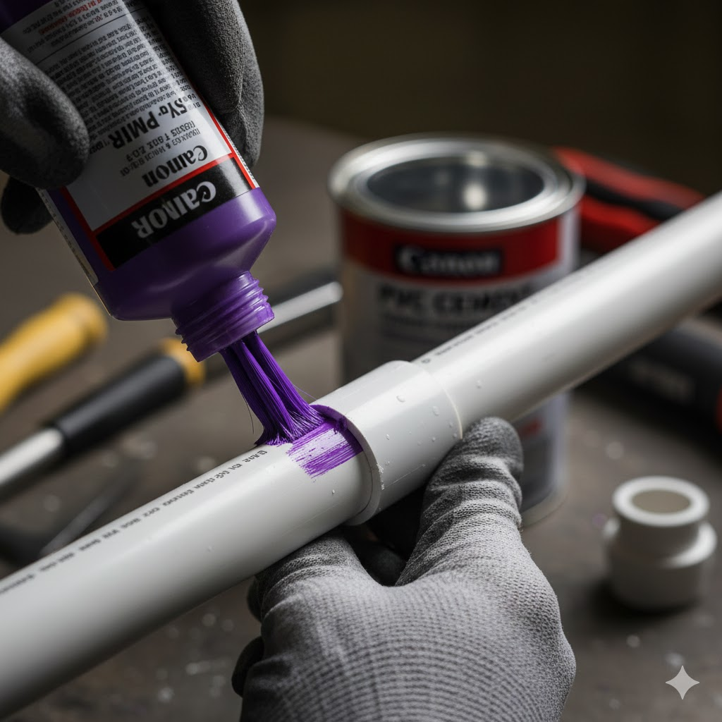 Applying purple PVC primer to pipe joint before cementing for underground water line installation