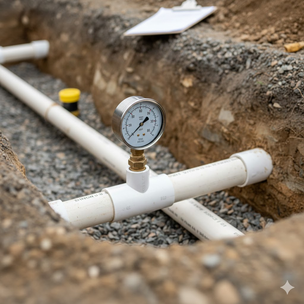 Pressure testing underground PVC pipe installation with gauge showing 80 PSI before backfilling trench