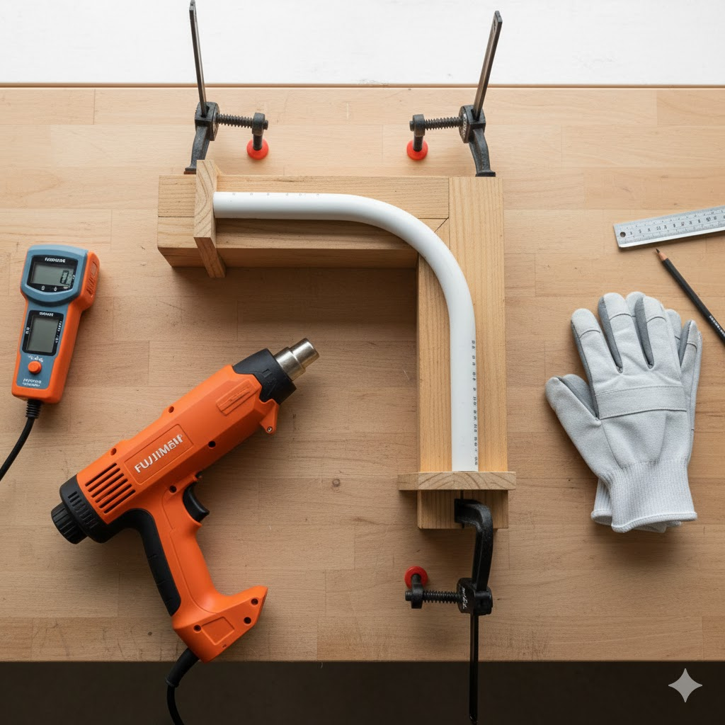 Complete heat gun bending setup showing all required tools and proper workspace organization for PVC pipe bending