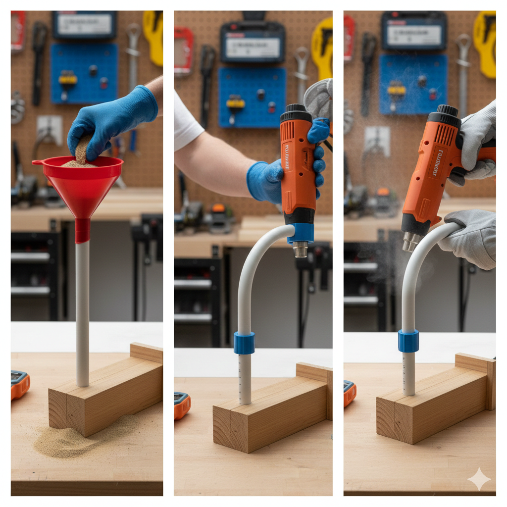 Three-step sand-filling process for PVC pipe bending showing filling, capping, and heating stages