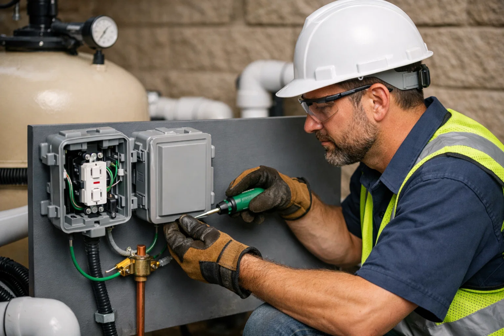 Safe electrical installation for pool equipment with GFCI protection and proper grounding