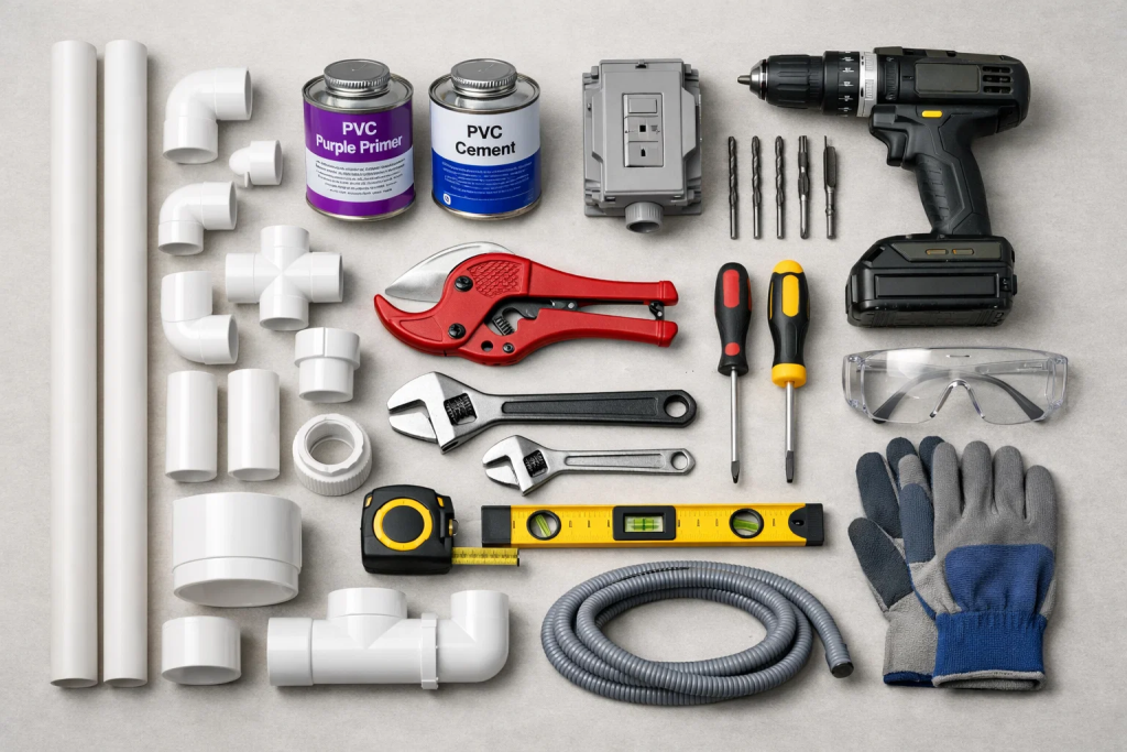 Essential tools and materials needed for pool equipment installation including PVC pipes fittings and tools