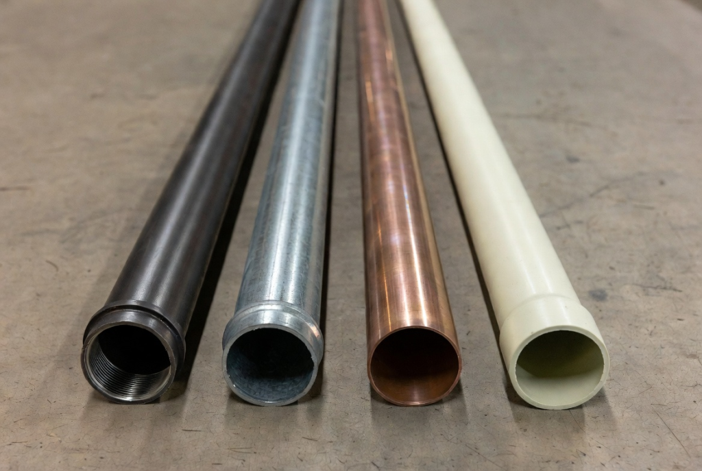 Common fire sprinkler pipe types comparison showing black steel, galvanized steel, copper, and CPVC materials