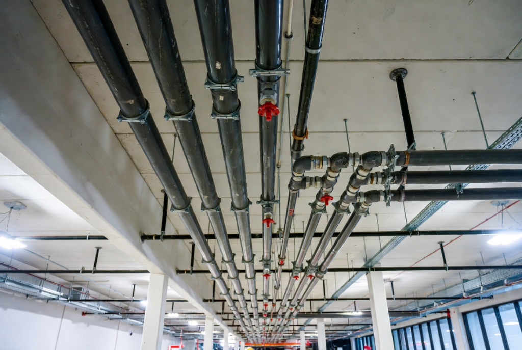 Commercial fire sprinkler system with black steel pipes installed in warehouse ceiling showing industry standard network