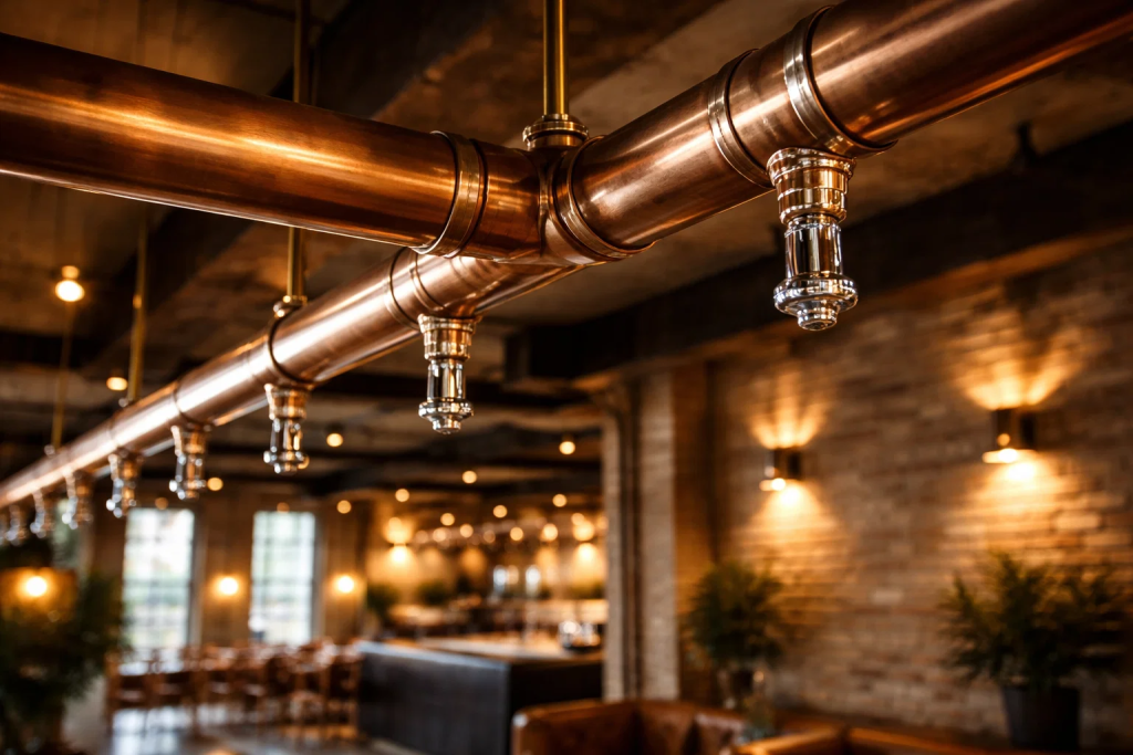 Premium copper fire sprinkler pipes in luxury building showing aesthetic appeal and corrosion resistance