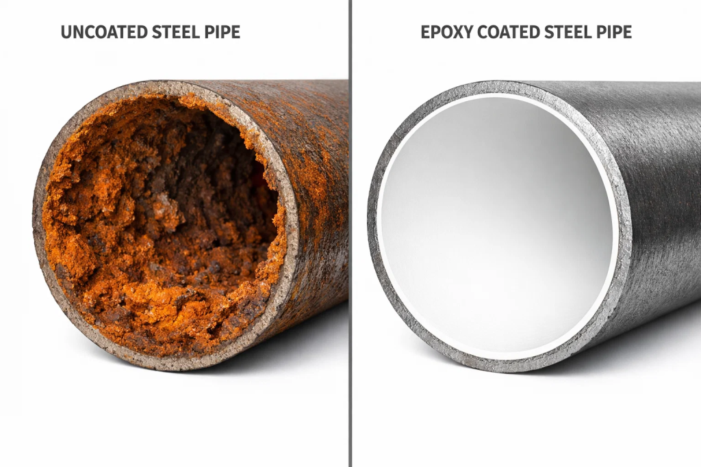Comparison showing corroded uncoated steel pipe versus clean epoxy-coated steel pipe interior in fire sprinkler systems