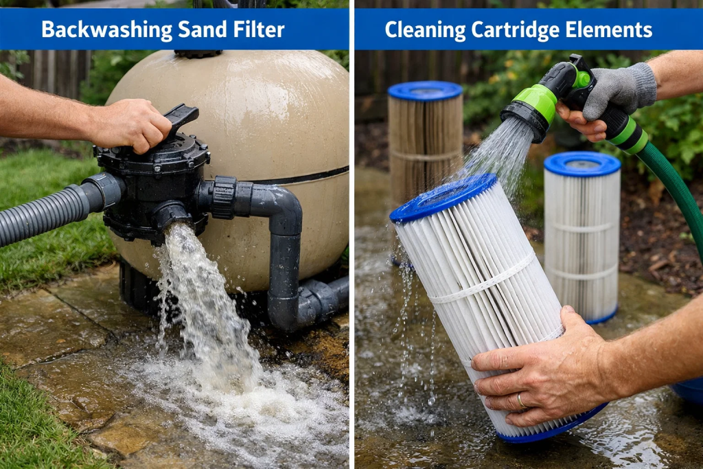 Pool filter maintenance comparison showing sand filter backwashing and cartridge filter cleaning