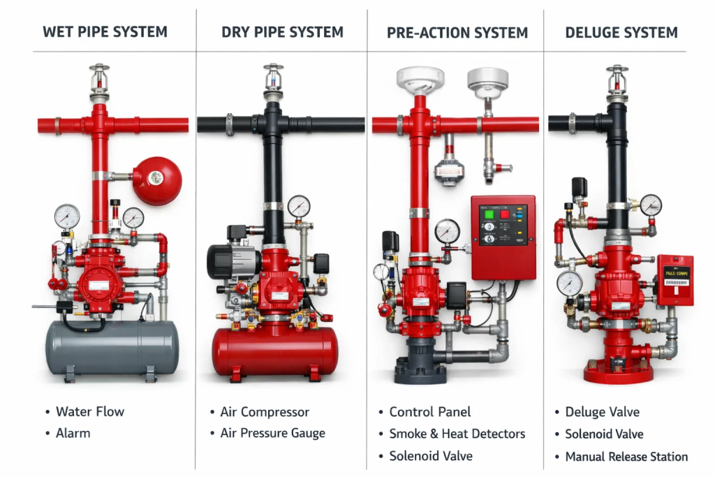 Four types of fire sprinkler systems - wet pipe, dry pipe, pre-action, and deluge with different piping requirements