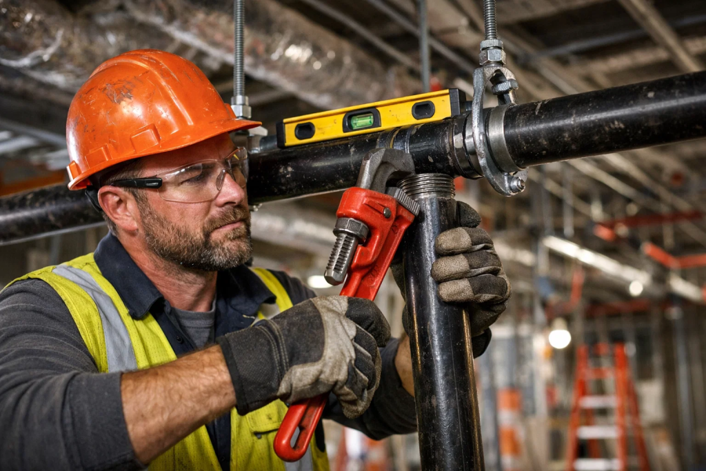 Professional technician installing fire sprinkler steel pipes with proper tools showing installation best practices