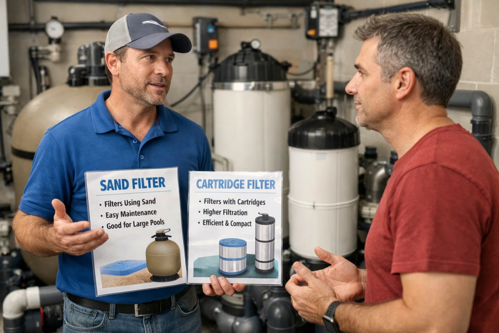 Pool equipment professional helping homeowner choose between sand filter and cartridge filter systems for their pool