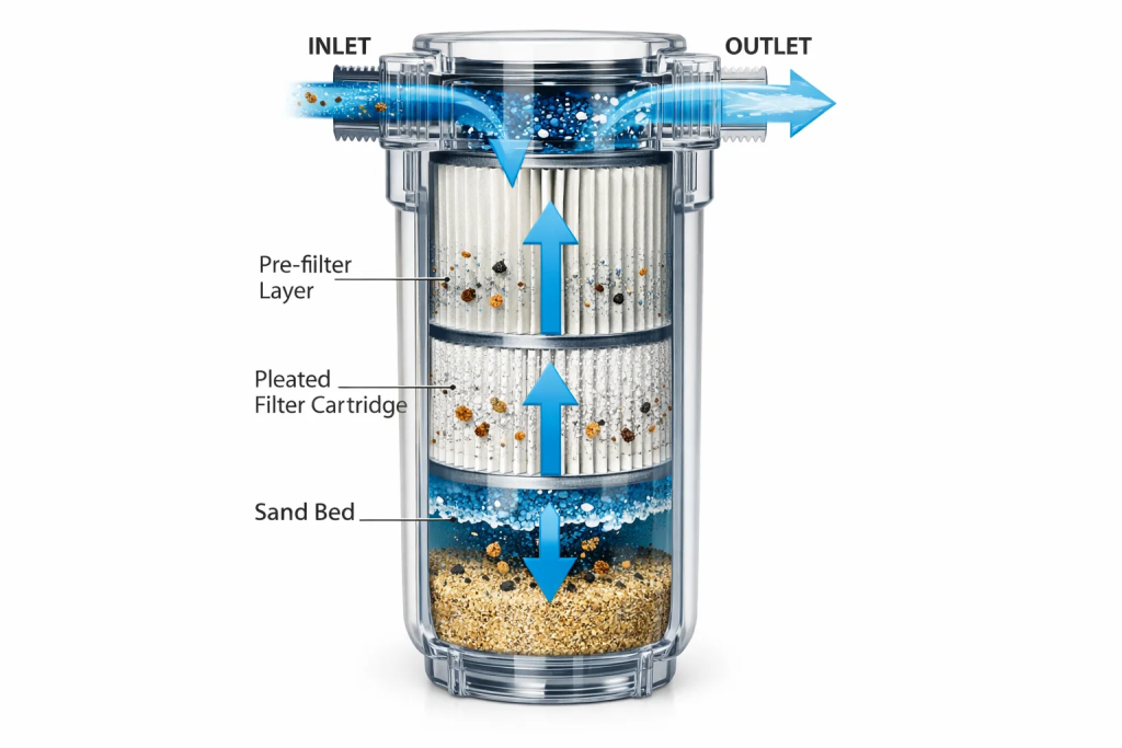 Cutaway illustration of cartridge water filter showing internal layers and water flow