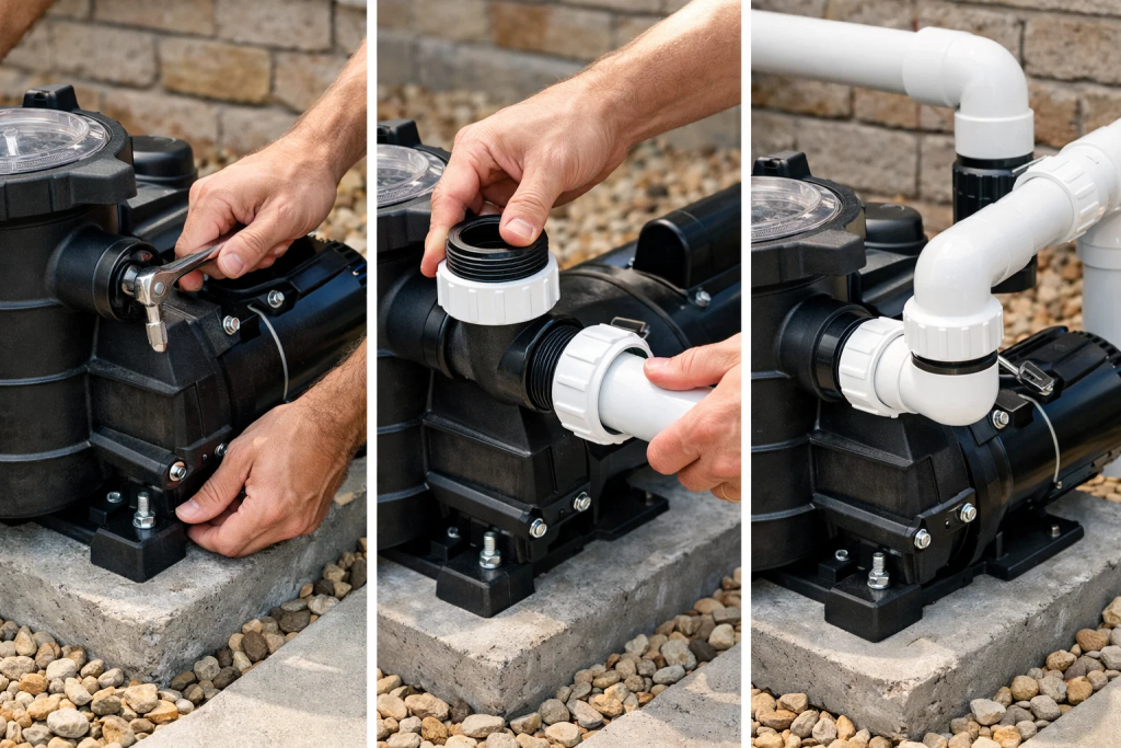Pool pump installation showing proper mounting and plumbing connections