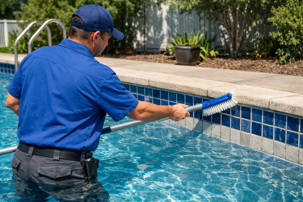 Weekly pool brushing and tile cleaning UAE commercial building pool maintenance