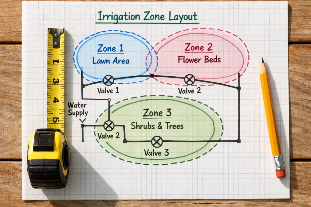 Smart irrigation layout design plan showing pipe routes and irrigation zones for a UAE property
