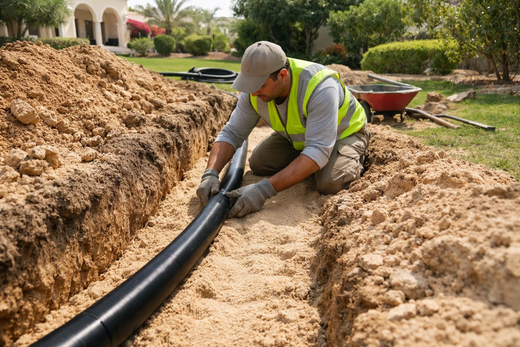 Landscape technician installing HDPE irrigation pipe underground in a UAE garden trench with sand bedding
