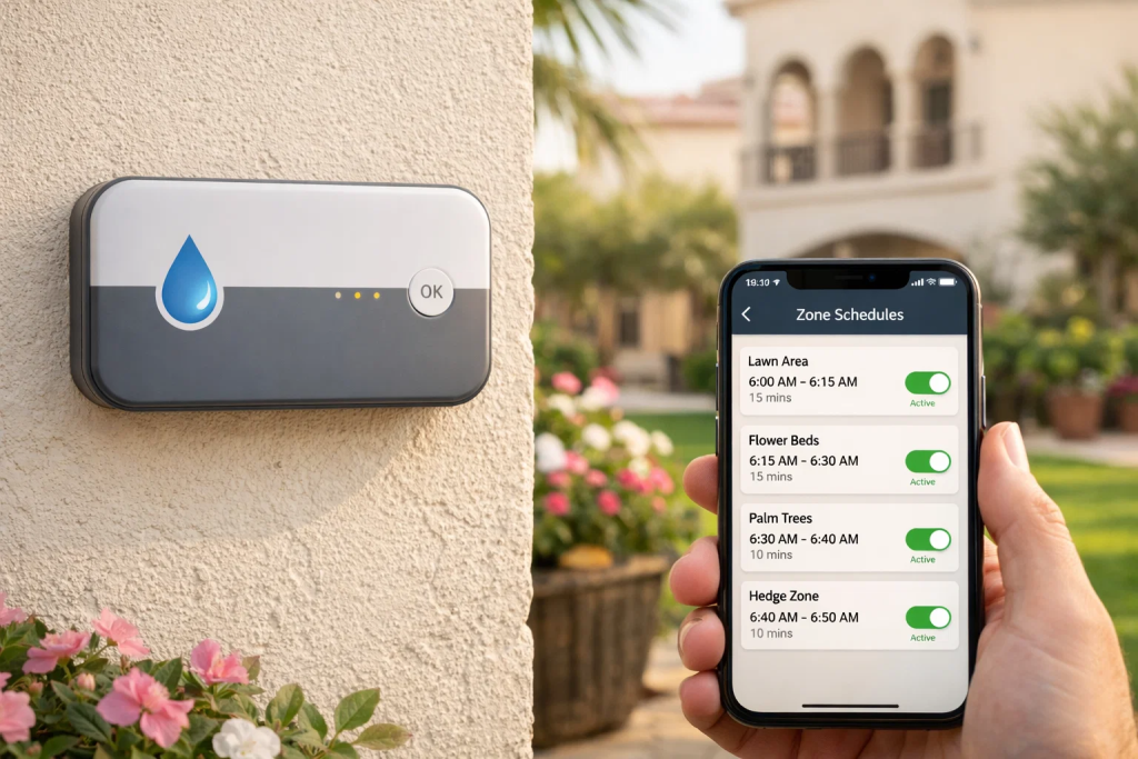 Smart irrigation controller with smartphone app management installed in a UAE villa garden