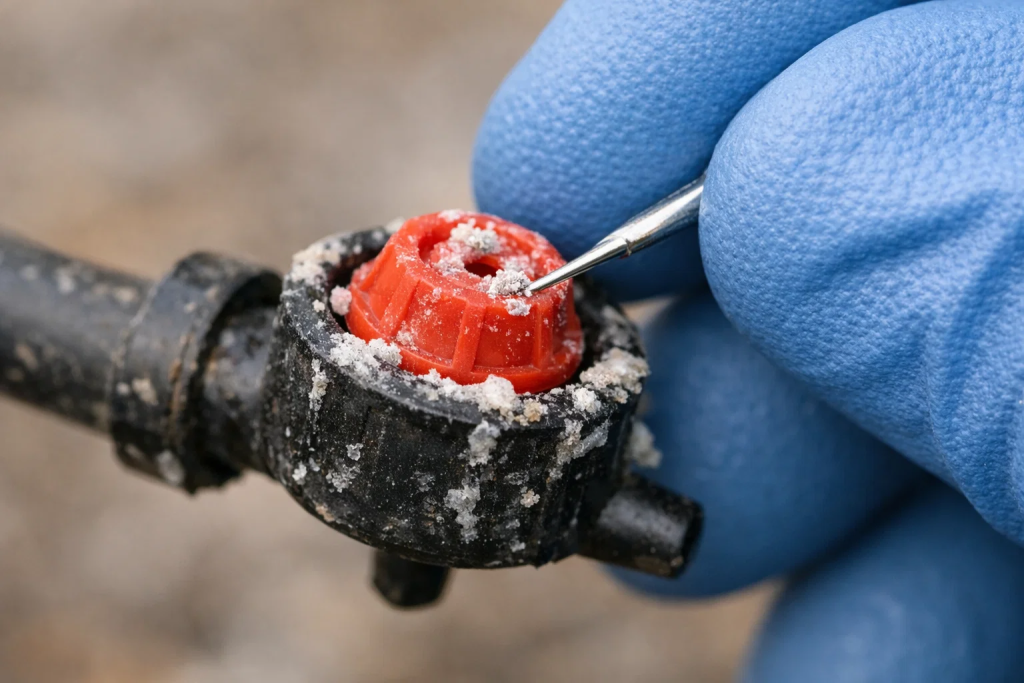 Blocked drip irrigation emitter with mineral scale deposits being inspected during UAE landscape maintenance