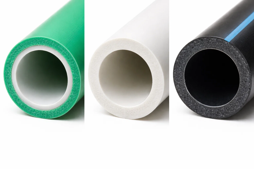 Cross-section view of PPR, PVC, and HDPE pipe wall thickness comparison