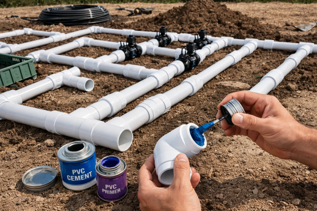 PVC pipe installation with solvent cement fittings for irrigation system