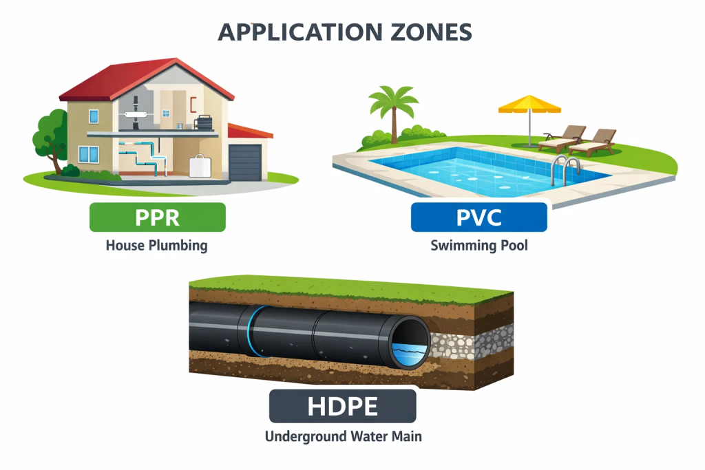 PPR PVC HDPE pipe application comparison infographic