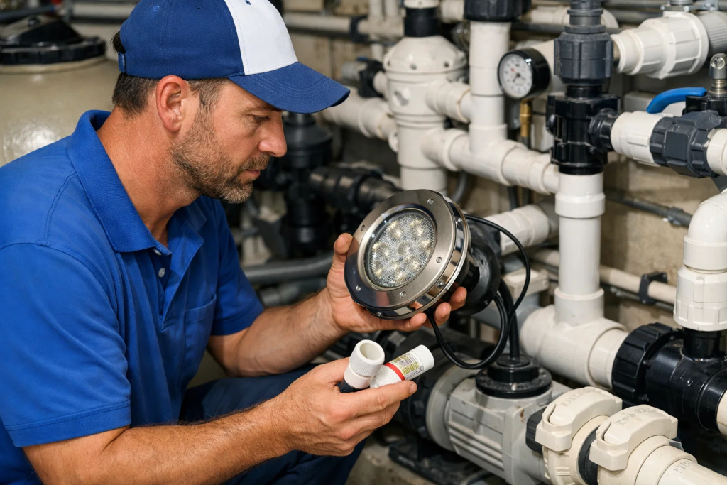 Monthly pool equipment inspection checklist UAE commercial building