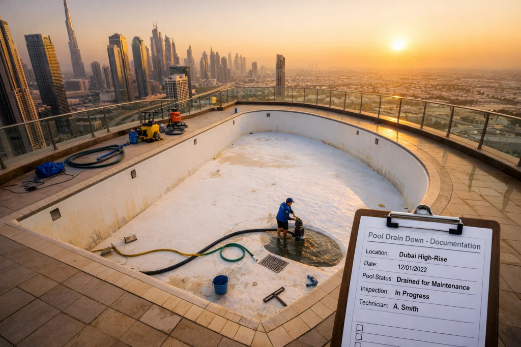 Annual pool drain and inspection for UAE commercial buildings