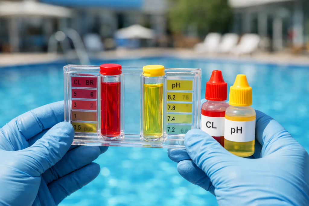 Water chemistry testing UAE commercial pool maintenance standards chlorine pH