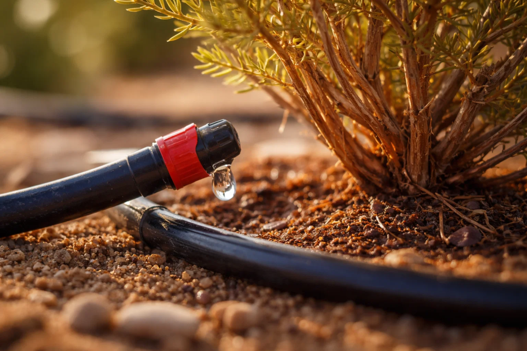 Drip irrigation emitters watering drought-tolerant plants in a UAE desert landscape