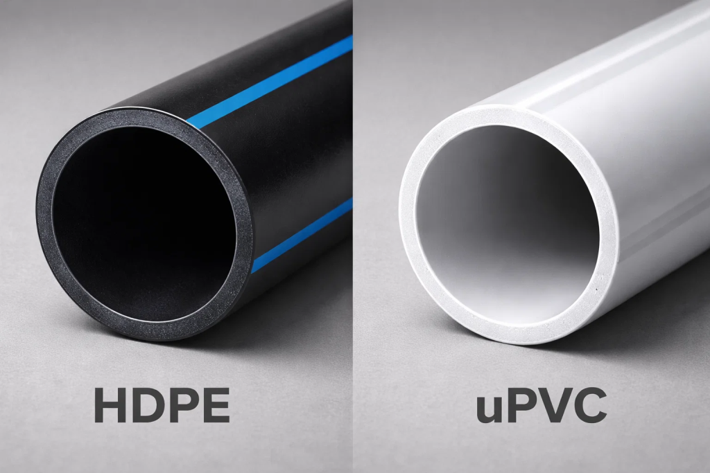 HDPE and uPVC irrigation pipes compared side by side for UAE landscape installation