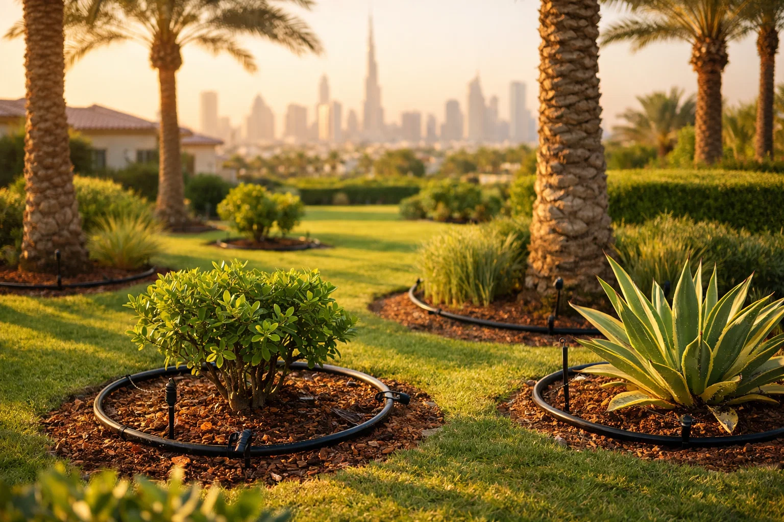 Smart irrigation system installed in a UAE residential landscape with drip tubing at plant bases