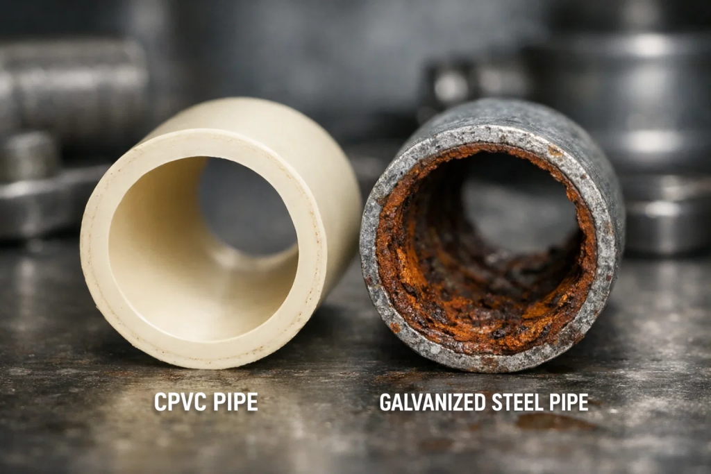 CPVC vs steel pipe comparison showing corrosion resistance and internal buildup difference
