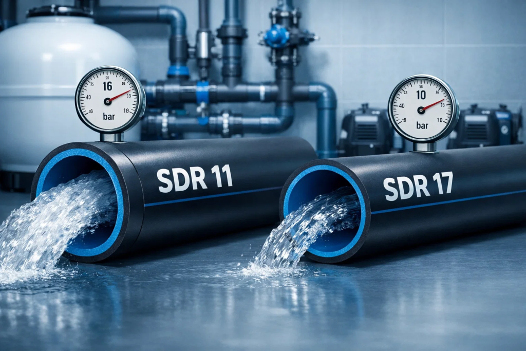 SDR 11 vs SDR 17 HDPE pipes with wall thickness comparison in a pool water supply system