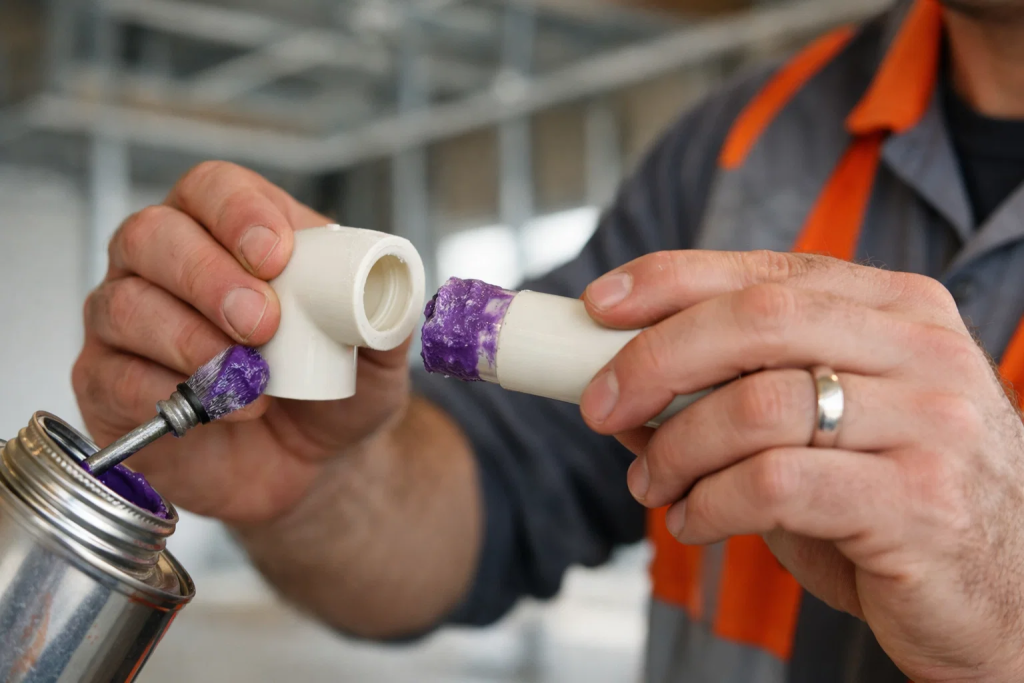 Worker installing CPVC fire sprinkler pipe using solvent cement joint connection