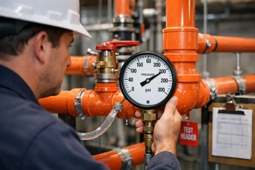 Hydrostatic pressure testing of CPVC fire sprinkler pipes with pressure gauge