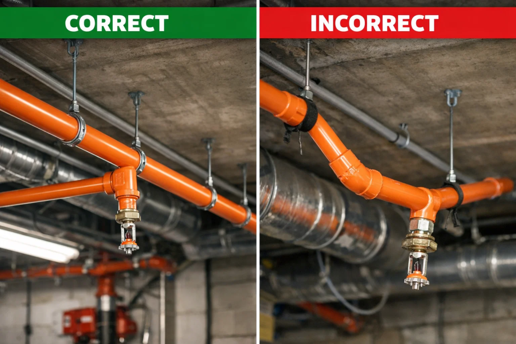 Correct vs incorrect CPVC fire sprinkler pipe installation showing common mistakes and proper setup