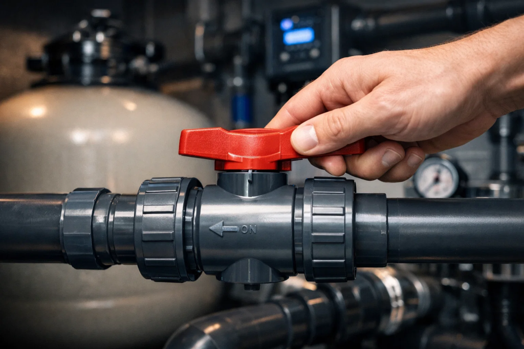 PVC ball valve quarter turn operation in pool plumbing system