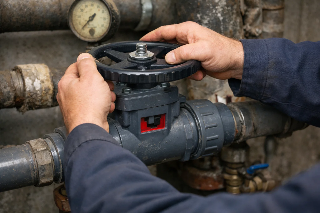 PVC gate valve multi turn handwheel operation in plumbing system