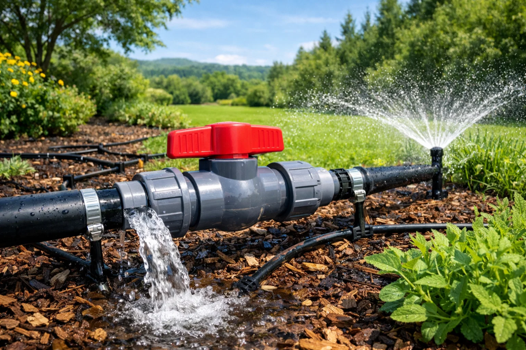 PVC ball valve used in irrigation system with drip and sprinkler lines