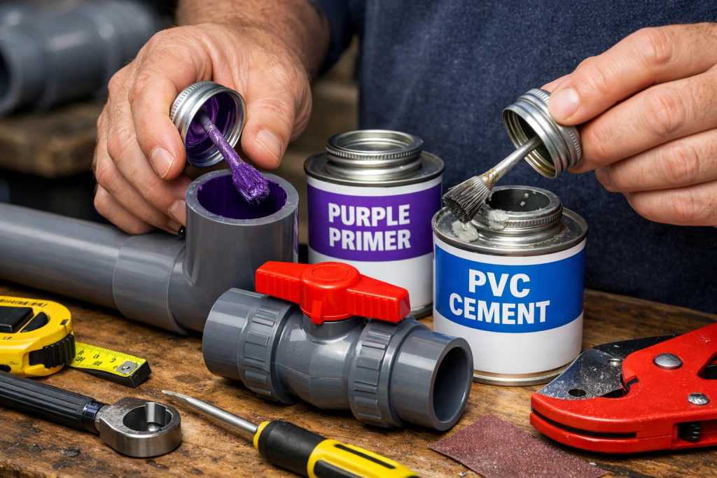 Installing PVC valve with primer and solvent cement step by step