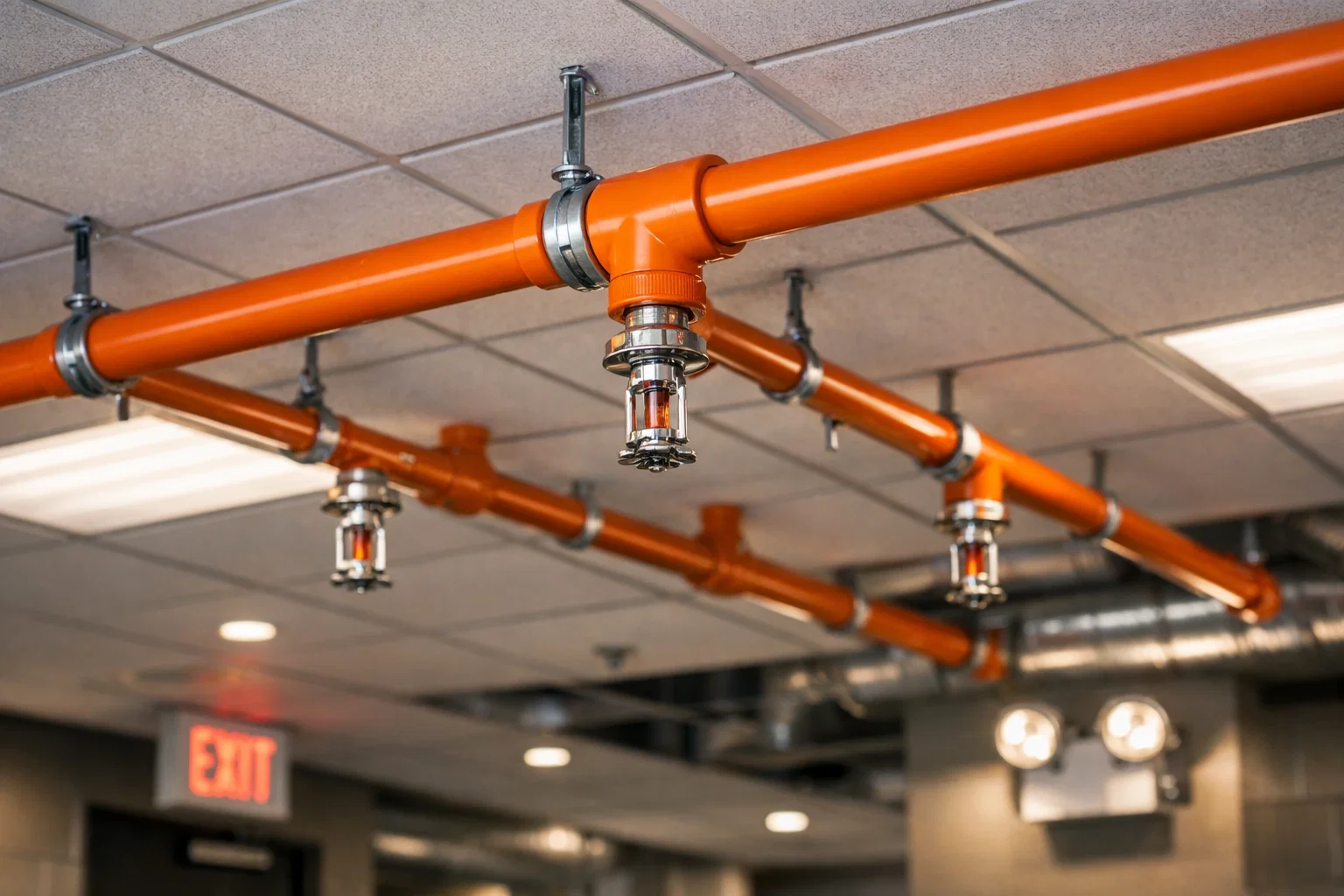 CPVC fire sprinkler pipes installed on ceiling with aligned sprinkler heads in modern building