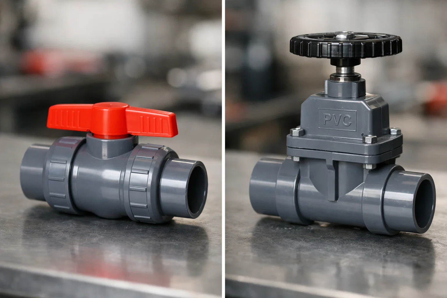 PVC ball valve vs gate valve side by side comparison on workbench