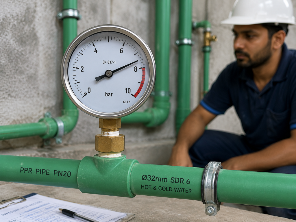 Pressure gauge connected to a PPR pipe system while a plumber monitors the plumbing pressure test onsite.