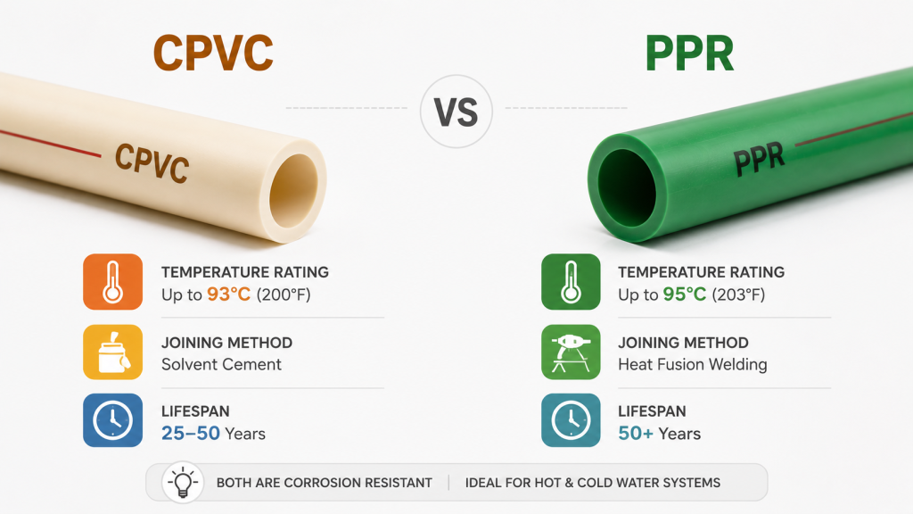 CPVC vs PPR pipe infographic comparing temperature rating, joining method, and lifespan on a clean light background.
