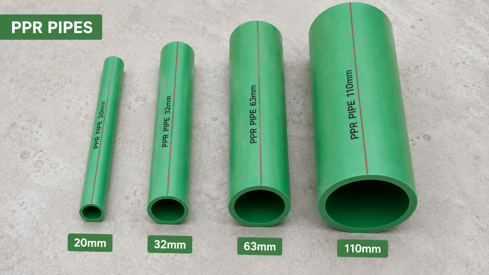 Top-down view of green PPR pipes in 20mm, 32mm, 63mm, and 110mm sizes arranged on a concrete floor.