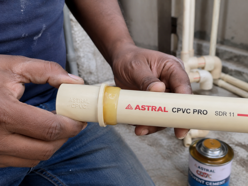 Close-up of a plumber joining a cream-coloured CPVC pipe and fitting with solvent cement at a plumbing workshop site.
