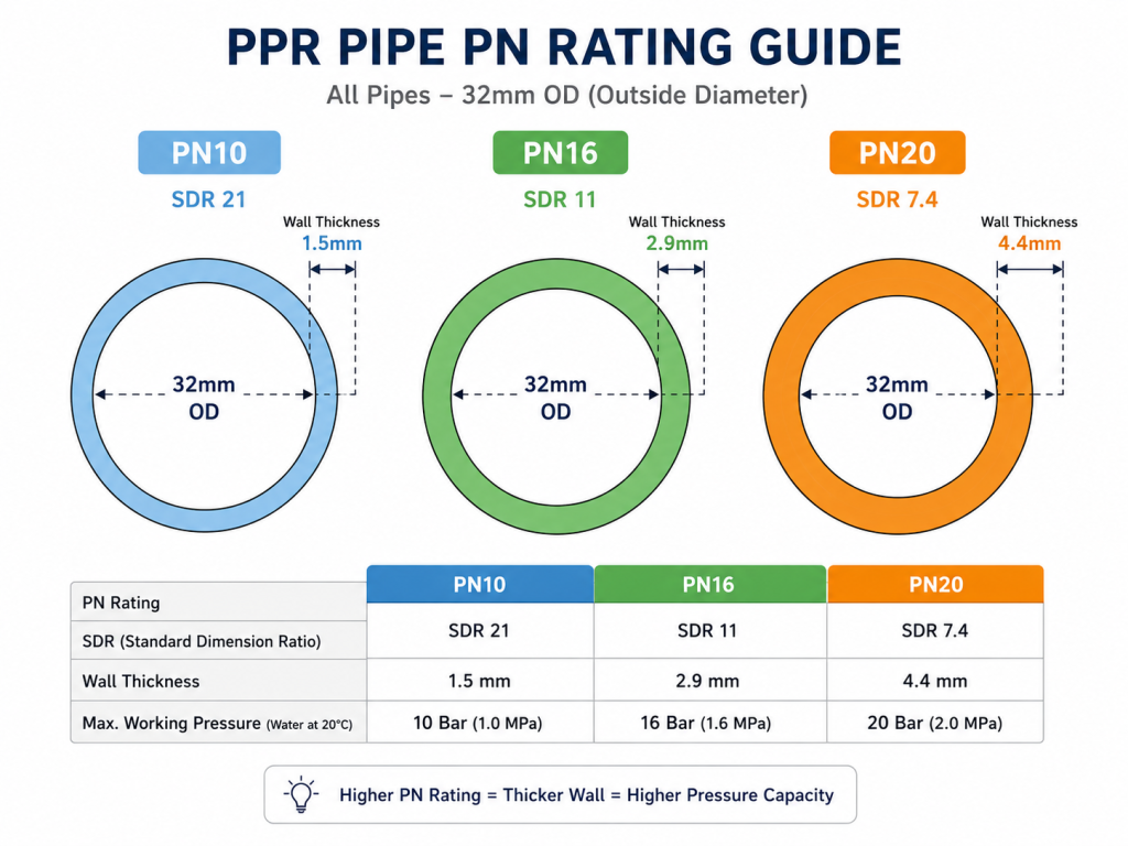 Cross-section diagram of 32mm PPR pipes showing PN10, PN16, and PN20 wall thickness differences on white background.
