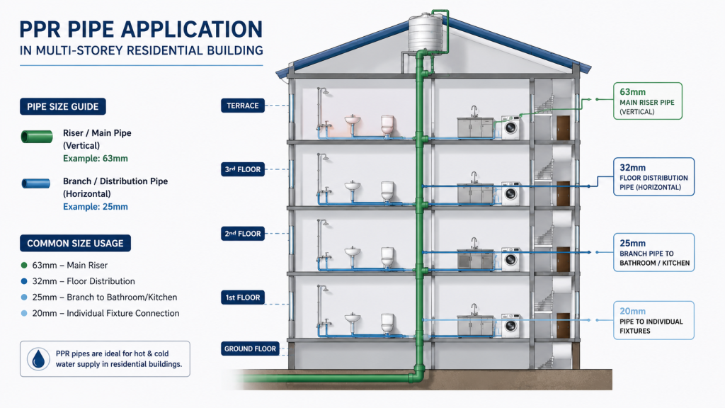 Multi-storey building diagram showing PPR riser and branch pipe sizes for residential water distribution systems.
